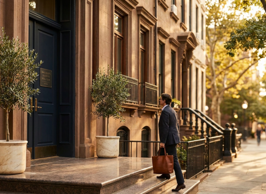 Man arriving at a Brooklyn Heights brownstone entrance with olive trees and a brass sign