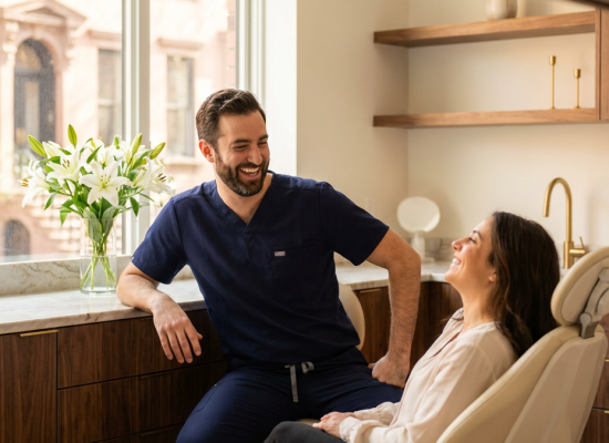 Dentist chatting and laughing with a patient in a modern treatment room with city views